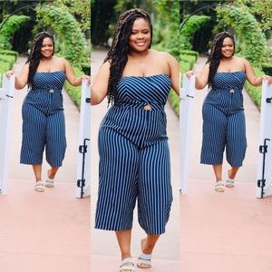 Navy blue and white stripped romper.